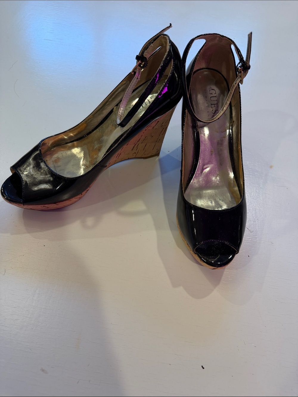 Guess Black Patent Peep-Toe Cork Wedge Sandals with Ankle Strap